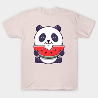 Cute Panda Eating Watermelon Cartoon T-Shirt